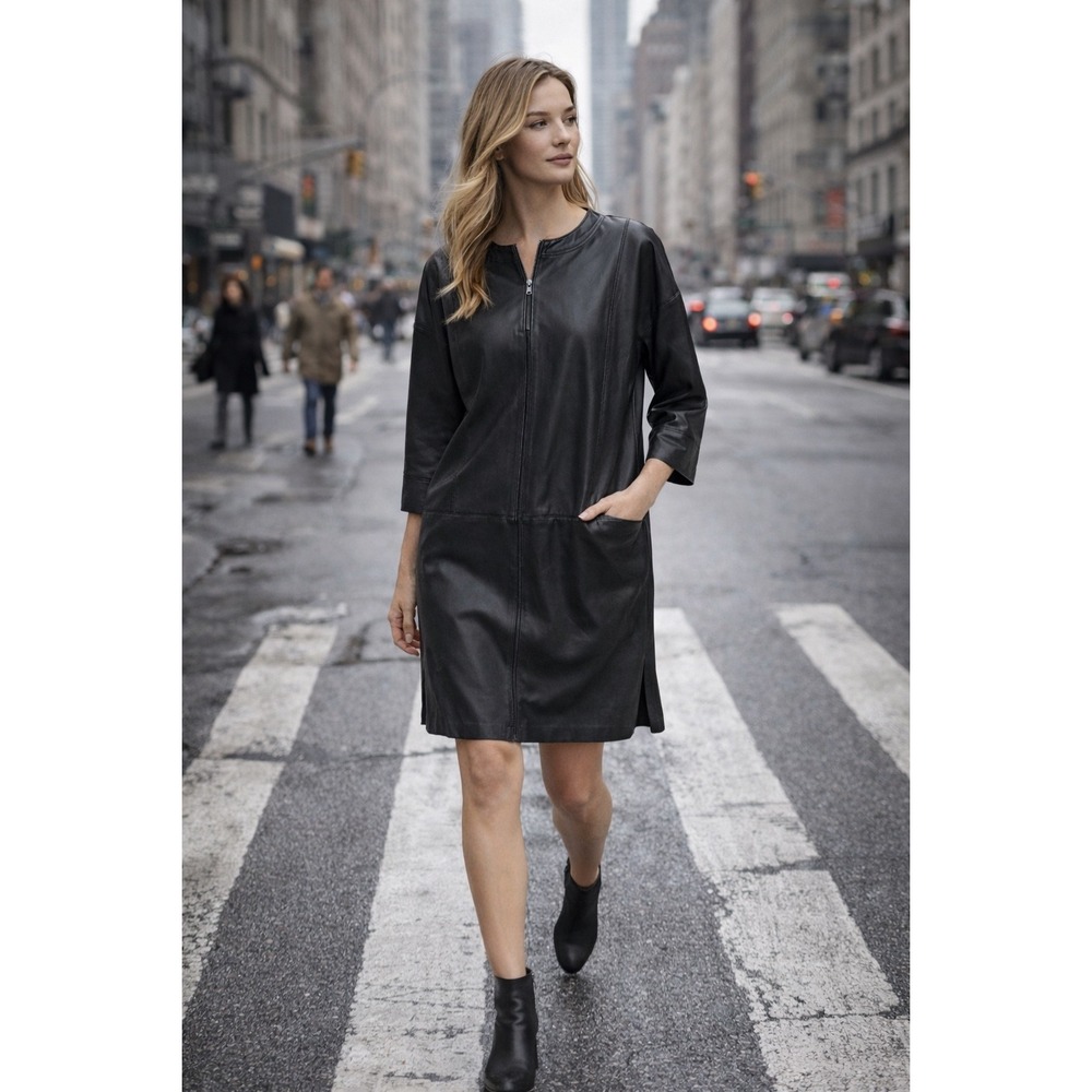 Worth‎ New York Leather Dress Women's Small Black Shift Quiet Luxury Chic